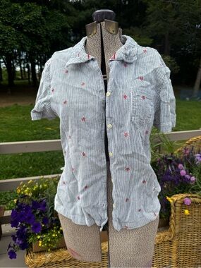 100% cotton vintage Striped Short Sleeve Button-Up Shirt with Red Embroidery